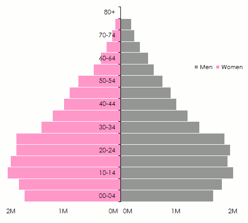 Evolution of the population pyramid for developing countries 1990